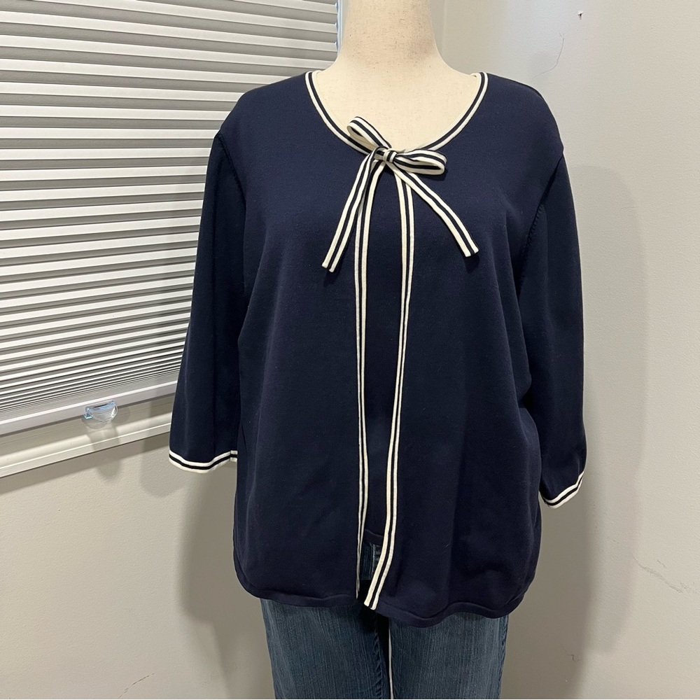 Laura Scott Sweater w/Attached Cardigan, Bow Tie Closure Navy Blue Women's 20-22